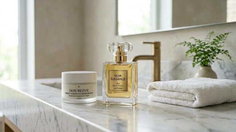 Composição sofisticada de produtos de luxo com o frasco de perfume, hidratante neutro. 