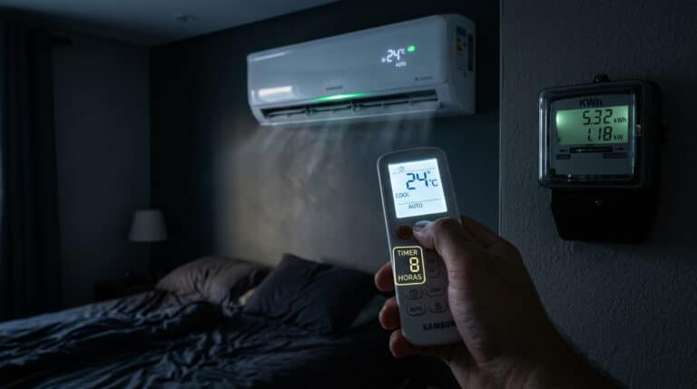 Ar-condicionado ligado por 8 horas com controle remoto e medidor de energia