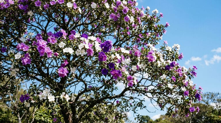 lores do manacá-da-serra em tons branco e roxo na árvore