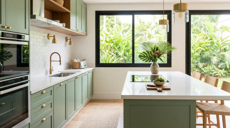 Ilha de cozinha com bancada em porcelanato e ambiente integrado