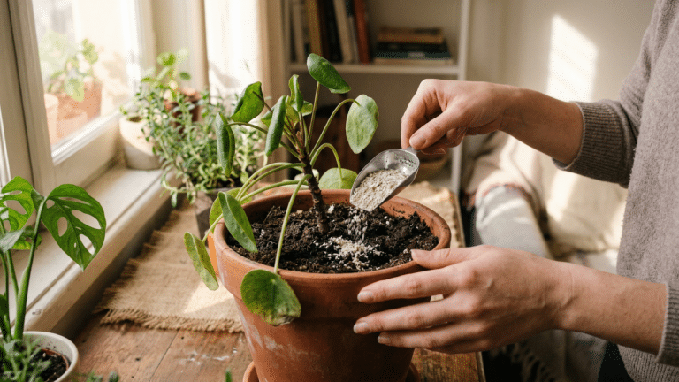 Vaso com planta murcha com farinha de ossos.