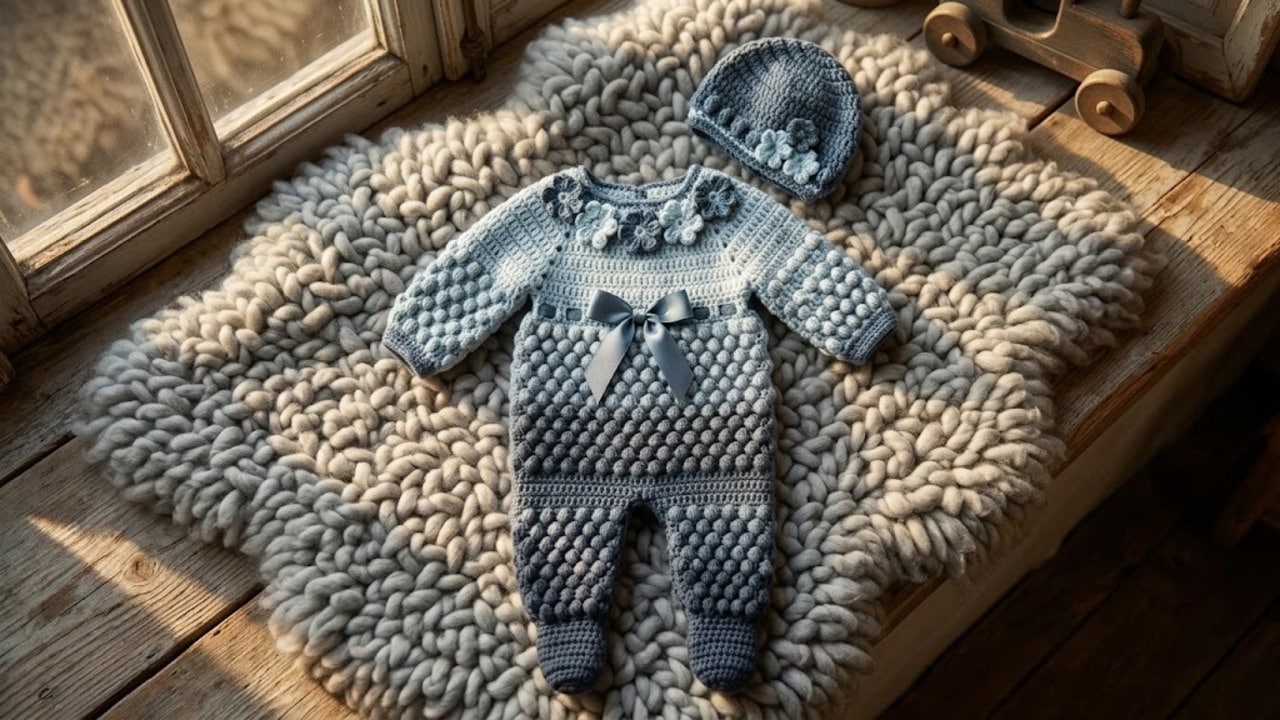 Seu bebê vai te agradecer por fazer este lindo conjunto de crochê