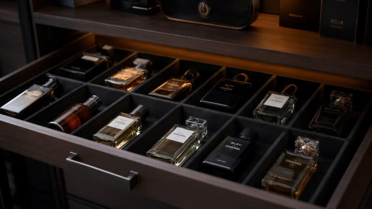 Frascos de perfume elegantes armazenados em gaveta