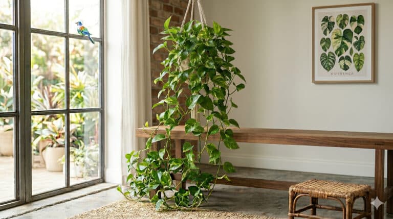 Jiboia cheia e saudável com folhas verdes densas em ambiente interno decorado.