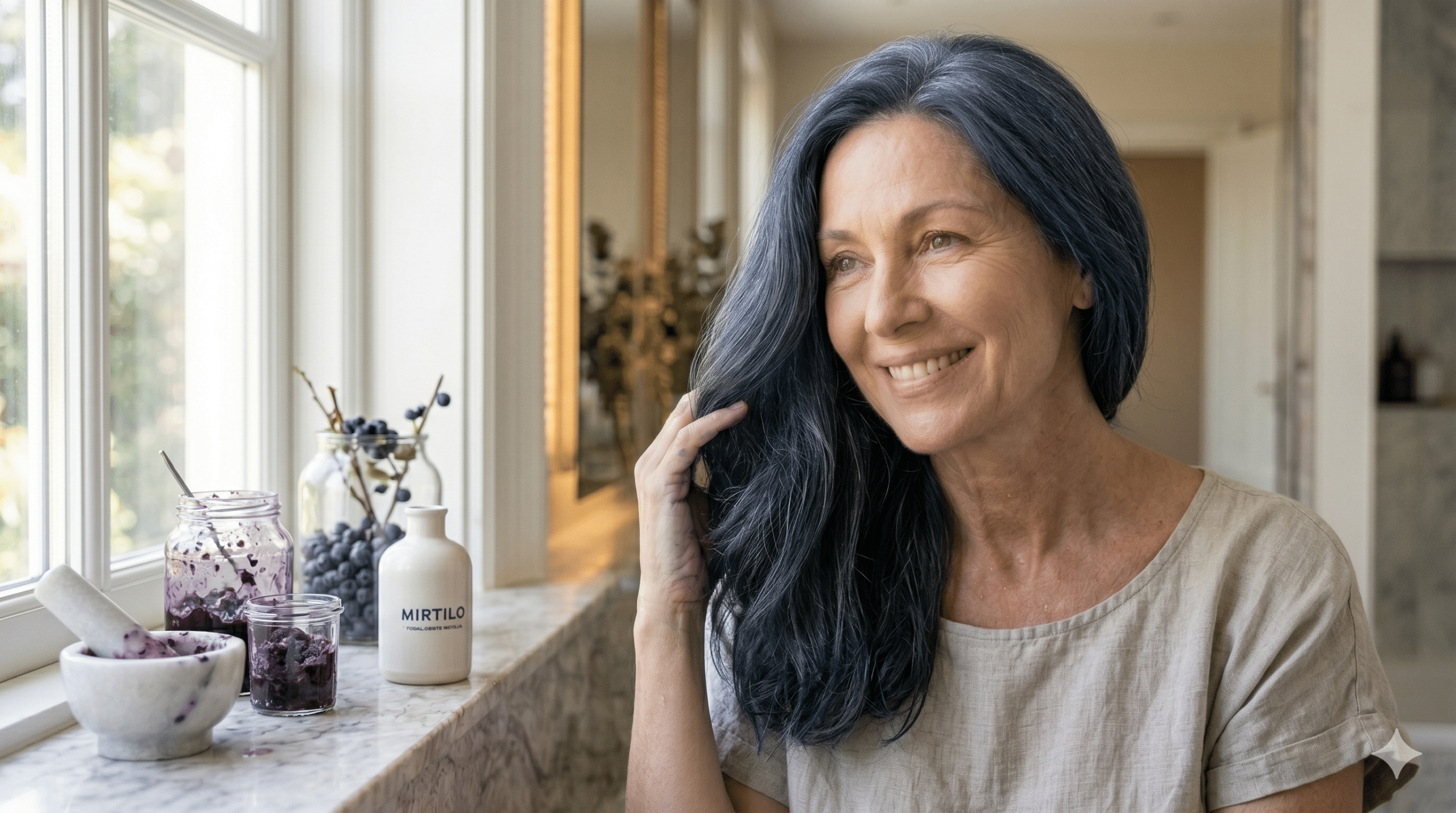Cabelo branco brilhante e sem amarelado: o segredo do enxágue azul natural feito com um fruto comum