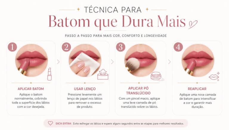 Infográfico com técnica para transformar batom comum em batom duradouro usando pó e lenço.