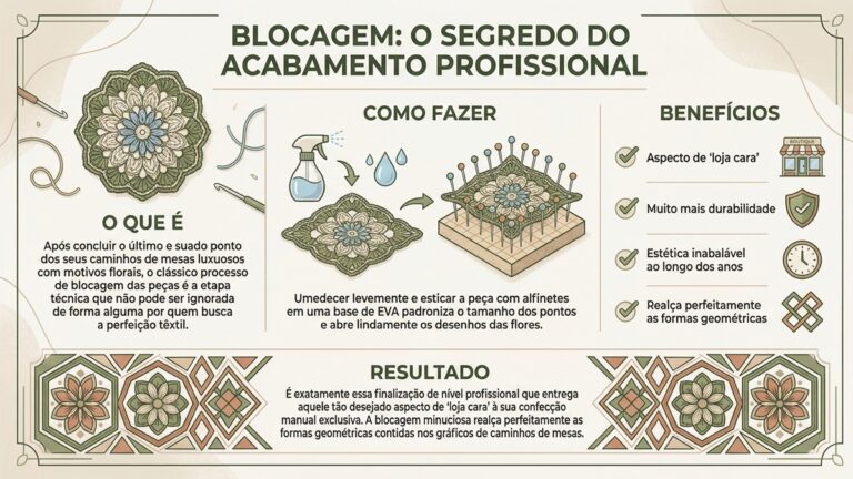Infografico educativo sobre blocagem de pecas de croche com processo tecnico, beneficios e resultado profissional