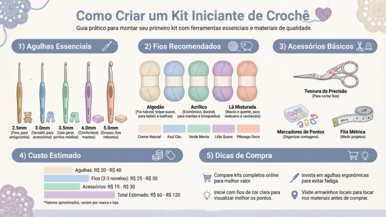 Infografico detalhado em portugues mostrando como montar kit iniciante de croche com secoes de agulhas, fios, acessorios e custos