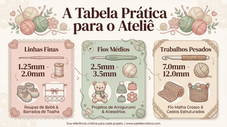 Infografico educativo sobre tamanhos de agulhas de croche para atelie, dividido em tres categorias com medidas especificas para cada tipo de projeto