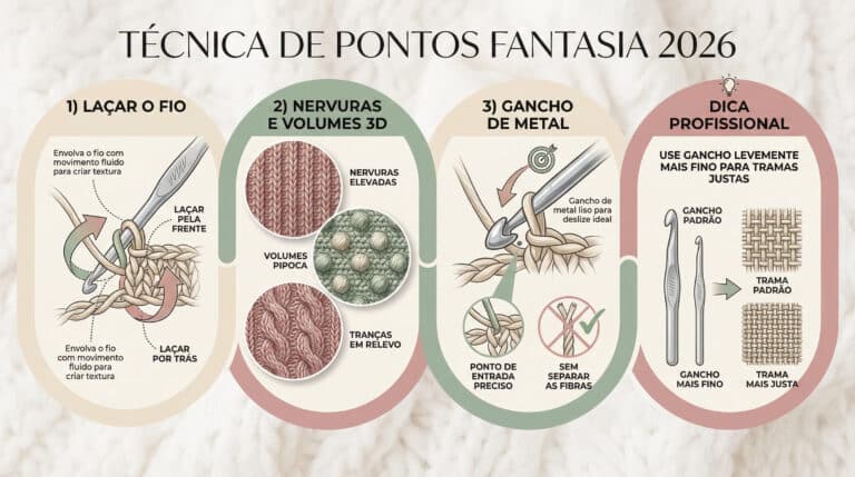 Infografico educativo sobre tecnica de pontos fantasia em croche para 2026 com diagramas e instrucoes detalhadas