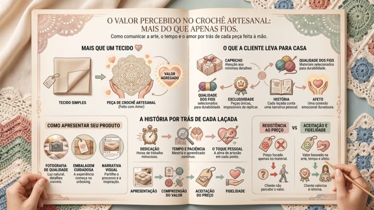 Infografico sobre como apresentar o valor do croche artesanal, mostrando elementos de qualidade, exclusividade e historia por tras de cada peca