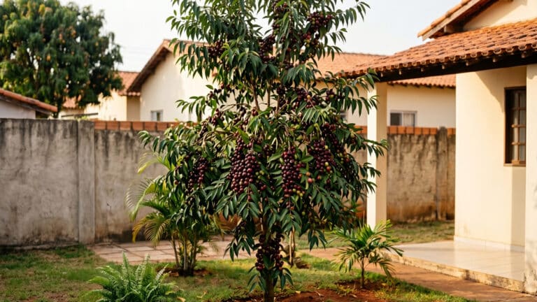 Jardim com pé de camu-camu no fundo de casa