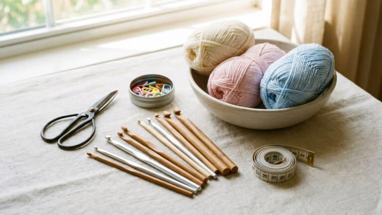 Kit iniciante de croche com agulhas, novelos de la em tons pasteis e acessorios organizados sobre superficie neutra