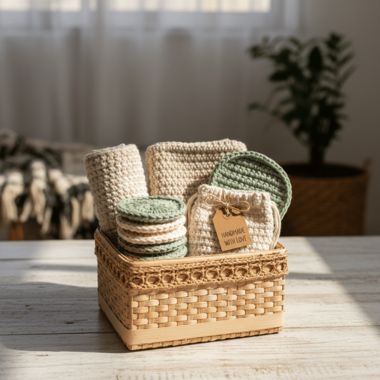 kit spa em crochê organizado em cachepô com peças delicadas para autocuidado