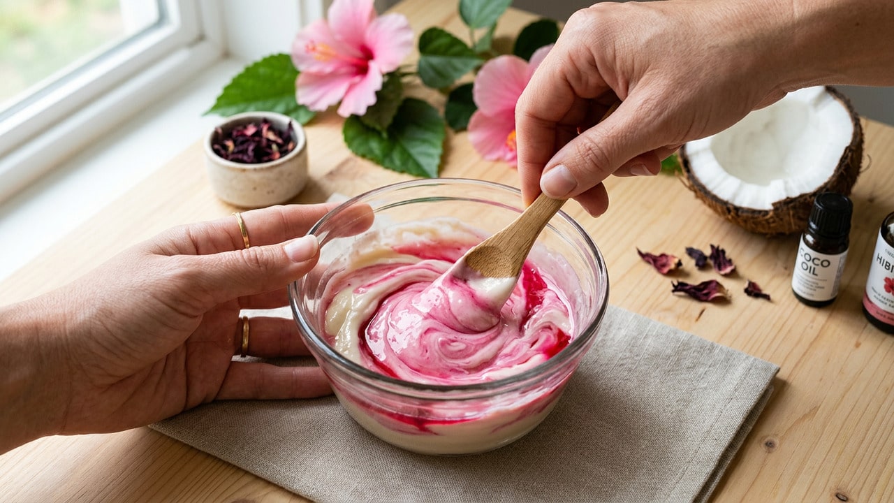 Como fazer uma máscara capilar de hibisco e óleo de coco para amaciar e hidratar o cabelo