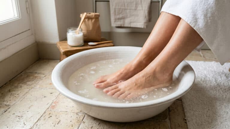 Uma imagem realista em plano médio mostrando os pés de uma pessoa submersos em uma bacia de cerâmica branca com água morna e levemente turva. Ao fundo, um ambiente rústico com piso de pedra, uma toalha branca e potes com ingredientes naturais, sugerindo um momento de autocuidado e relaxamento.