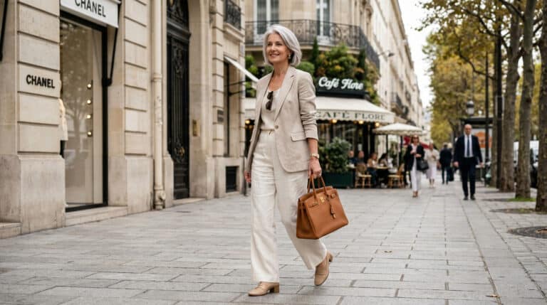 Mulher elegante caminha na rua