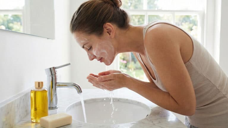 Mulher lavando o rosto com sabonete facial.