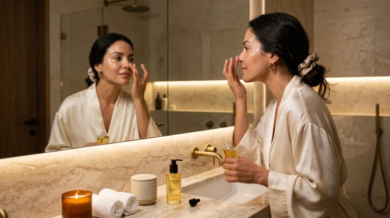 Mulher fazendo limpeza facial