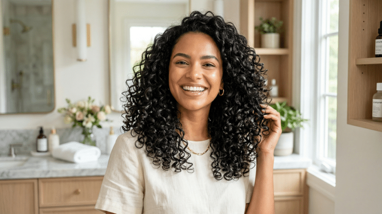 Mulher com cabelo cacheado sorrindo