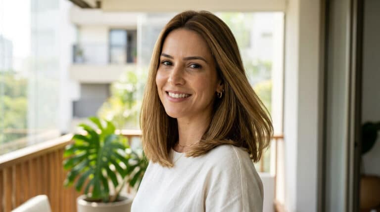 Mulher com cabelo de comprimento médio na altura dos ombros, com corte reto (blunt cut)