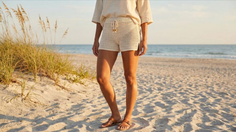 Mulher usando shorts de croche em cor natural off-white com padrao de pontos abertos e arejados, cos com cordao e contas de madeira