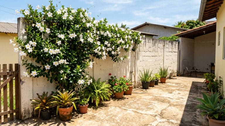 Muro de casa coberto por dipladênia com flores brancas