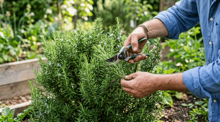 Podando alecrim com tesoura de jardinagem