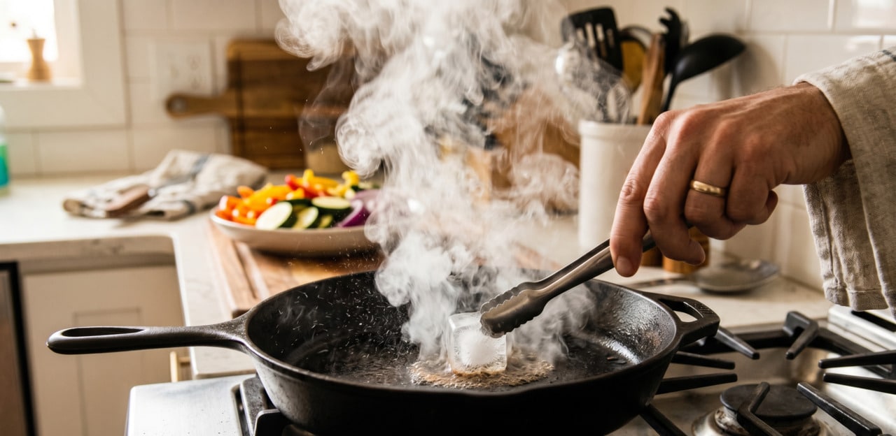 Por que recomendam um cubo de gelo sobre a frigideira quente antes de grelhar legumes em casa
