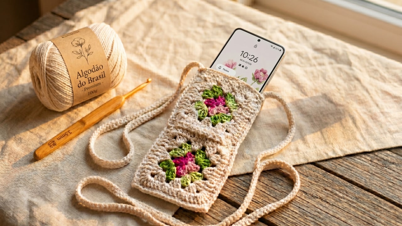 Proteja sua tela com o porta-celular de crochê com squares: passo a passo completo
