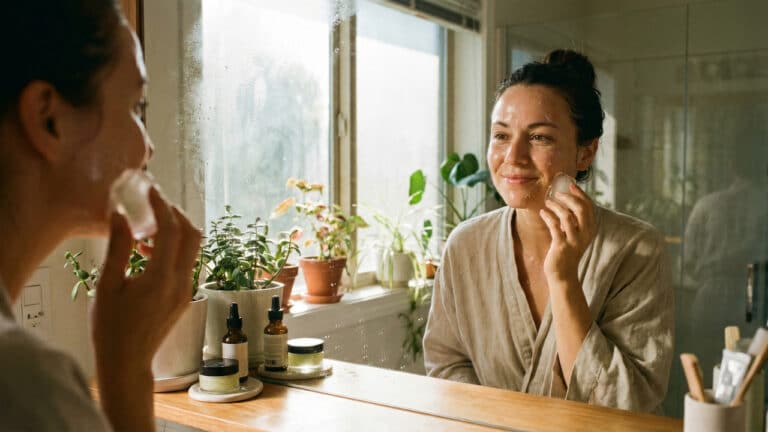 Skincare matinal com a mulher frente ao espelho aplicando o gelo de aloe vera. 