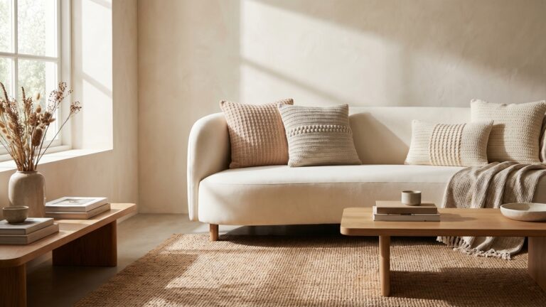Sala de estar moderna com sofa minimalista decorado com almofadas de croche em tons neutros e luz natural