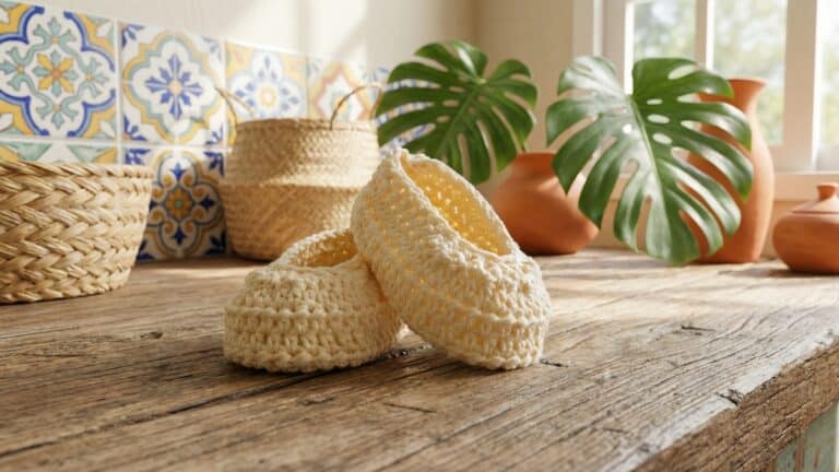 Sapatinhos de croche infantil em tom creme sobre superficie de madeira com decoracao brasileira ao fundo incluindo azulejos coloridos e folhagens tropicais