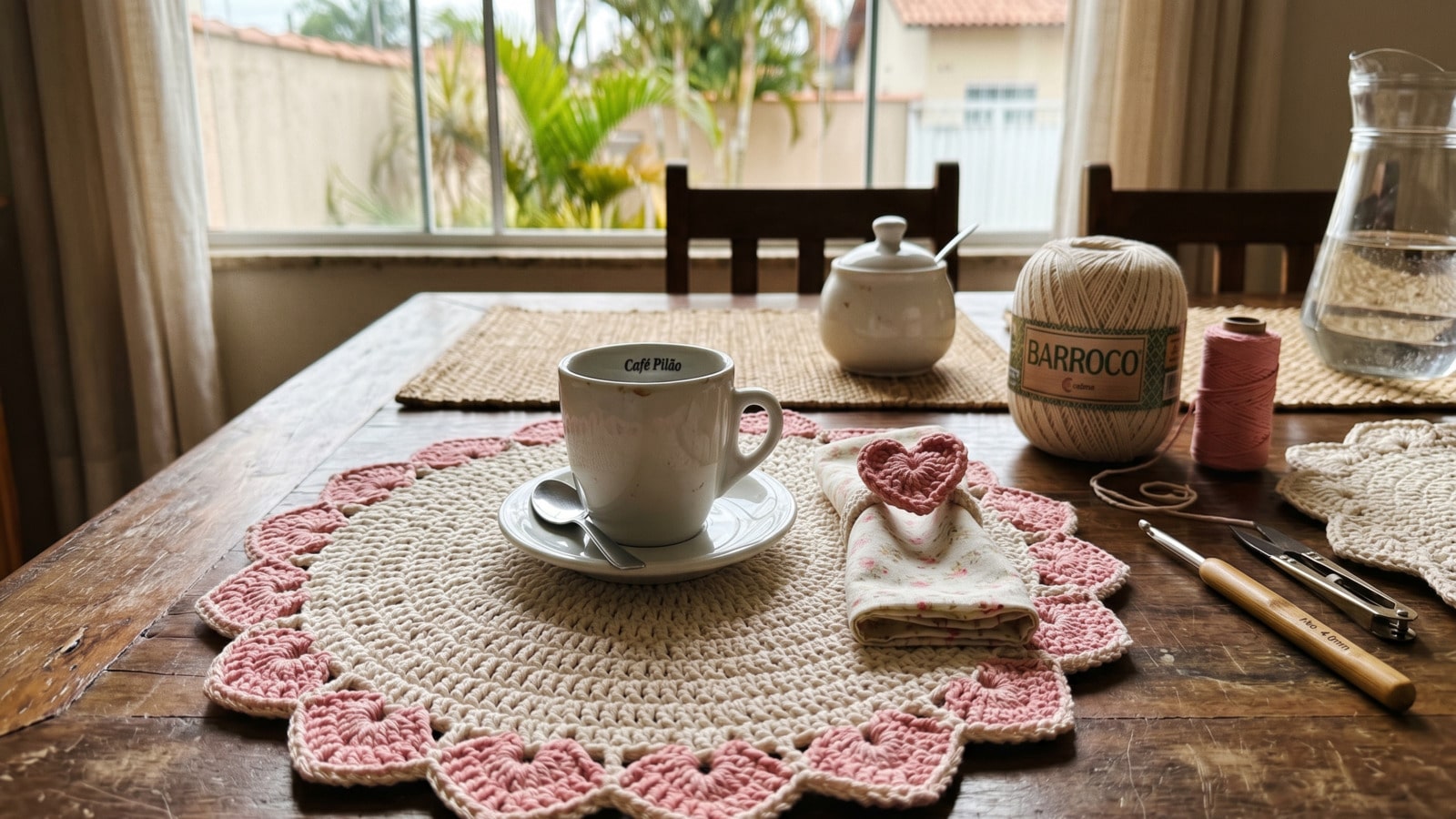 Sousplat de crochê com borda de coração traz elegância para a mesa posta em 2026