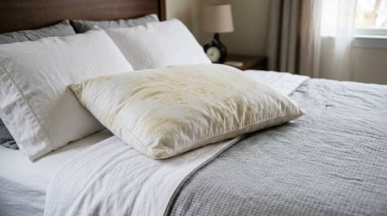 Travesseiro branco com manchas amareladas
