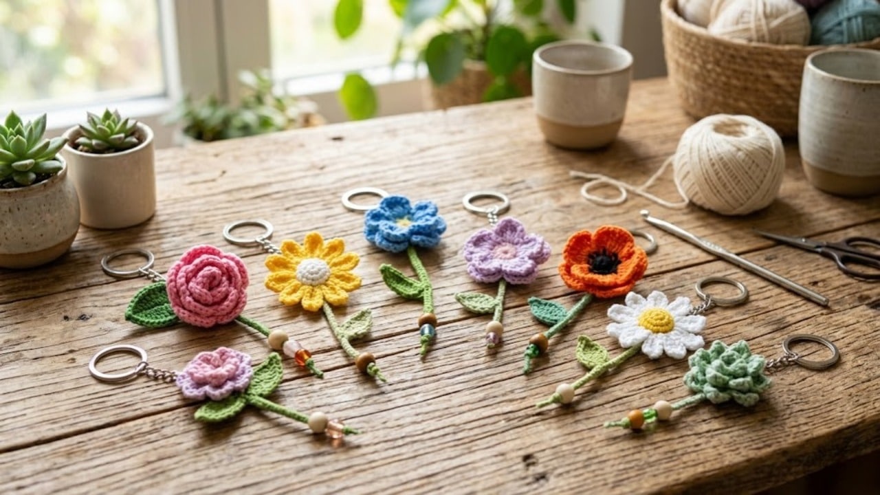 Inspirações de chaveiros de crochê com flores e vídeo aula para lucrar