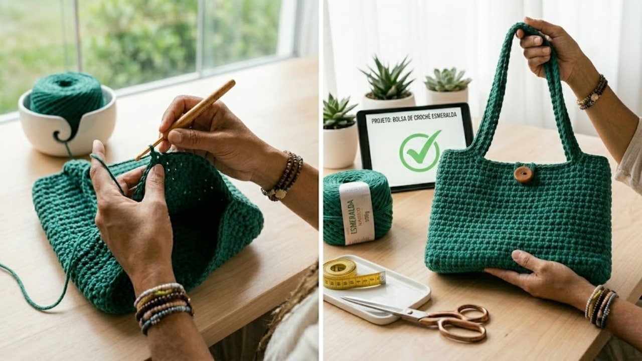 Bolsa de crochê esmeralda com fio náutico: guia para iniciantes fazerem em casa