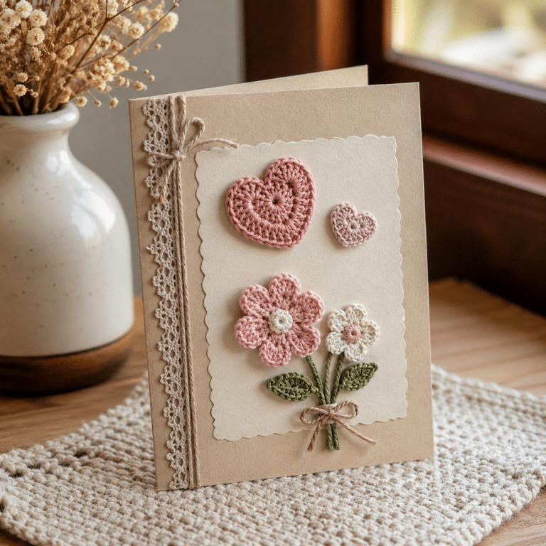 cartão artesanal com aplique de crochê em formato de flores e coração feito à mão