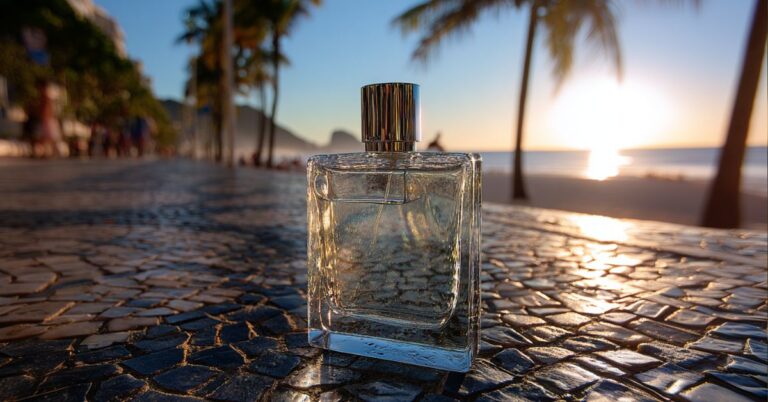Frasco de perfume sobre uma mesa à beira-mar durante o pôr do sol, representando fragrâncias de alta projeção e longa duração.