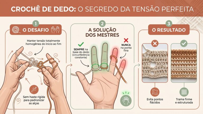 Infografico educativo sobre tecnica de croche de dedo mostrando como manter tensao homogenea usando base do dedo em vez da ponta