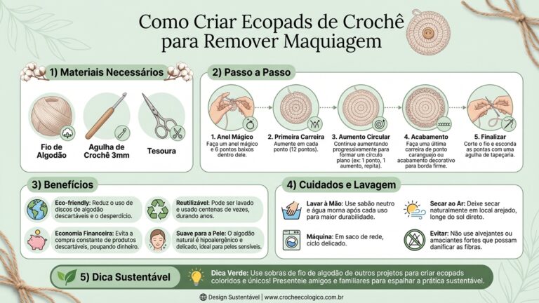 Infografico completo em portugues ensinando passo a passo como criar ecopads de croche reutilizaveis para remover maquiagem