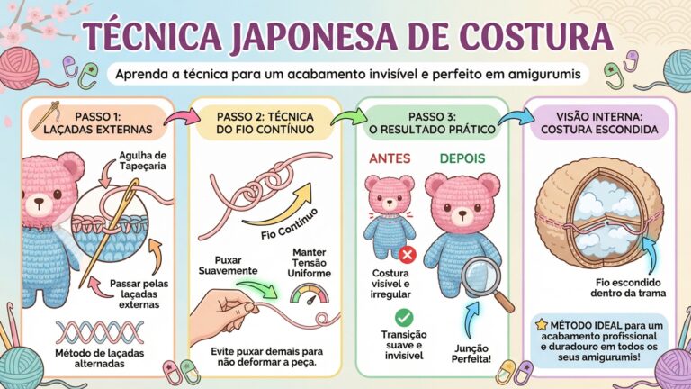 Infografico detalhado em portugues sobre tecnica japonesa de costura de amigurumi mostrando passo a passo e metodo ideal