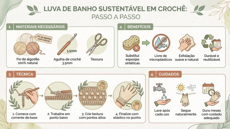 Infografico educativo mostrando passo a passo para criar luva de banho sustentavel em croche com algodao natural e beneficios ecologicos