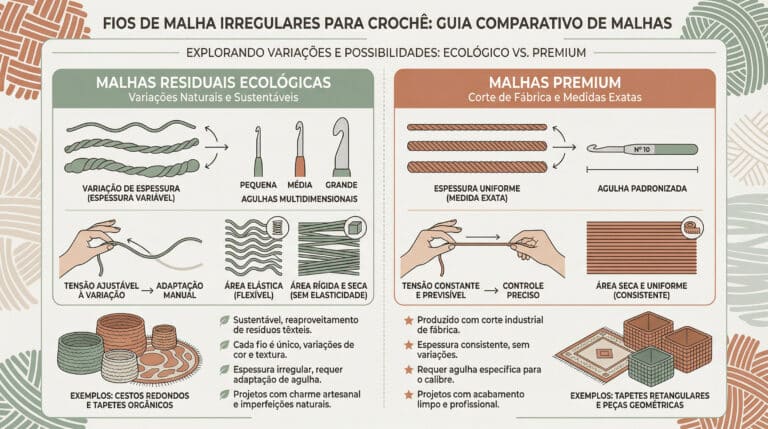 Infografico educativo em portugues comparando malhas residuais ecologicas e malhas premium para croche, com tecnicas de tensao e adaptacao