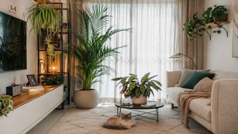 plantas ao redor da sala e o gato no sofá