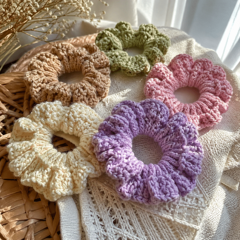 scrunchies de crochê feitos à mão em cores suaves sobre mesa