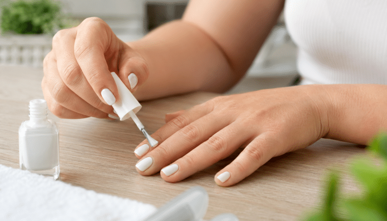 Muljer aplicando esmalte branco
