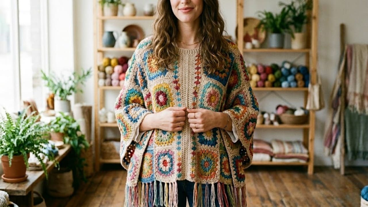 Faça um poncho de crochê com squares que é a peça de luxo para este inverno