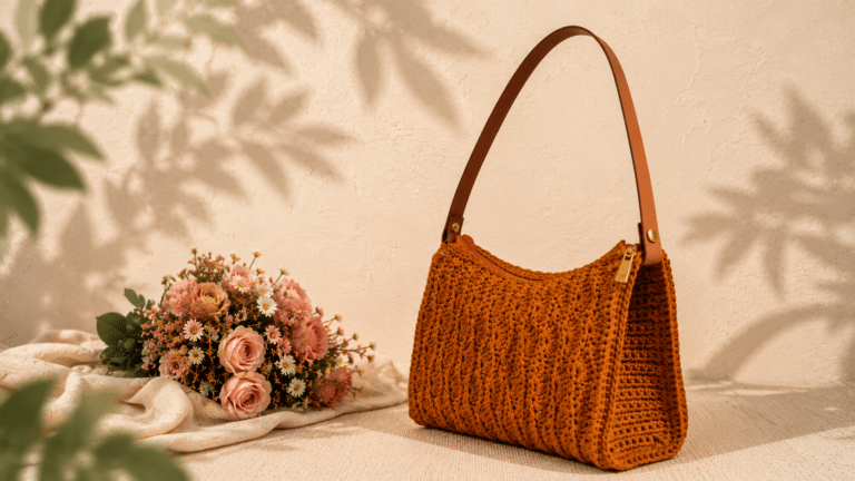 Bolsa de crochê em tom terracota com alça de couro, posicionada sobre uma superfície clara ao lado de flores delicadas, em uma composição elegante e iluminada para destacar os detalhes do trabalho artesanal.