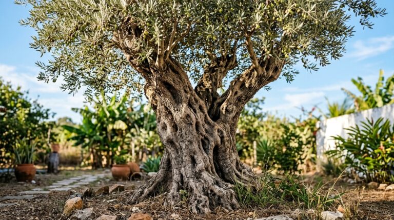 Oliveira centenária com tronco grosso, retorcido e texturizado, plantada em um jardim ensolarado com folhagem verde-prateada e outras plantas ao fundo.